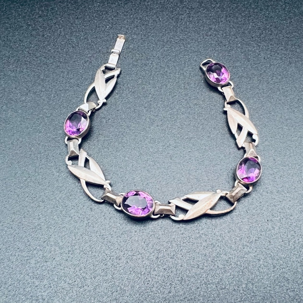 Vintage Harry S. Bick H.S.B Sterling Silver Faux Amethyst Link Bracelet